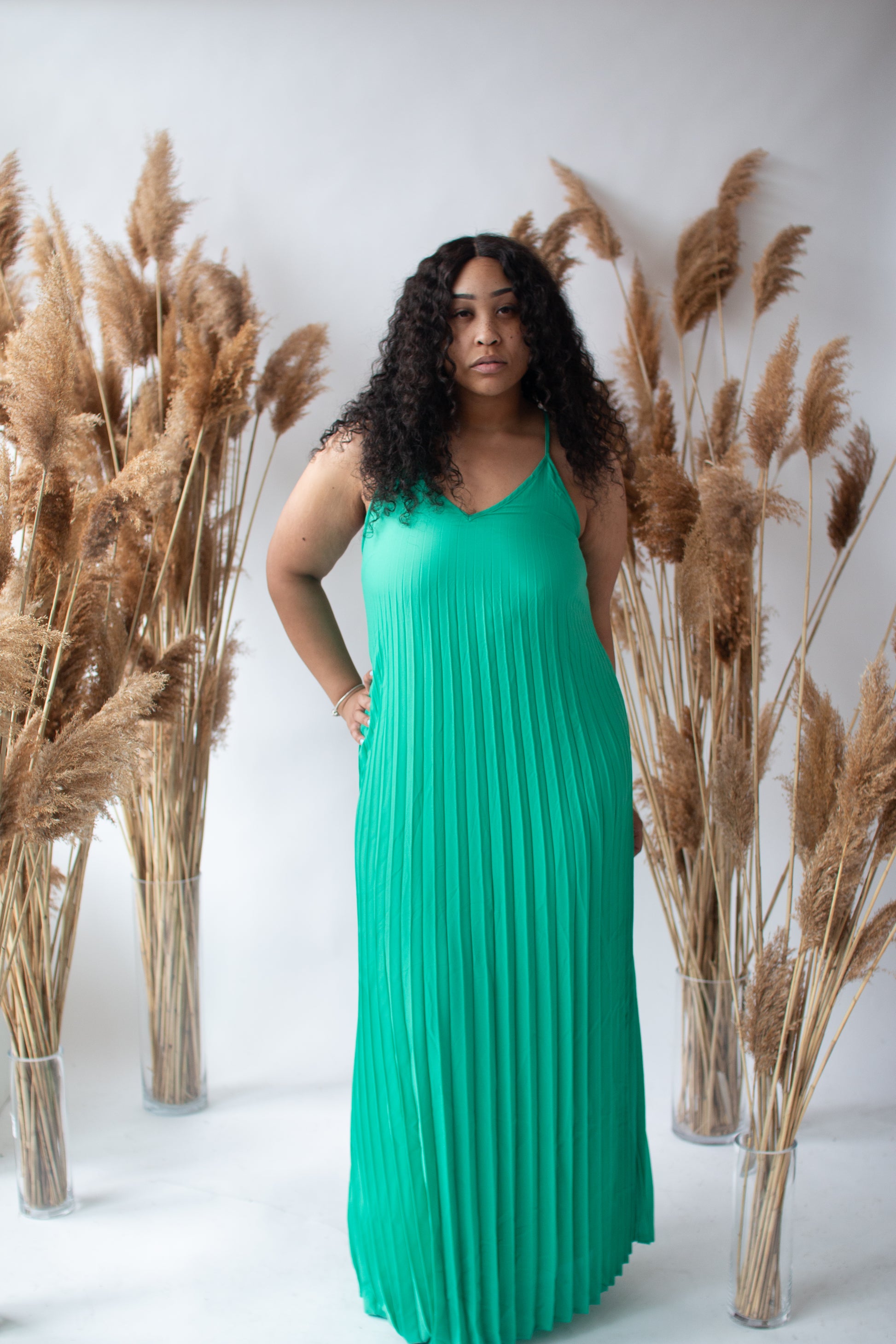 pleated maxi dress green Take My Breath Away Satin In Kelly very fitted at natural waist The Rainbow Pleated Maxi Dress