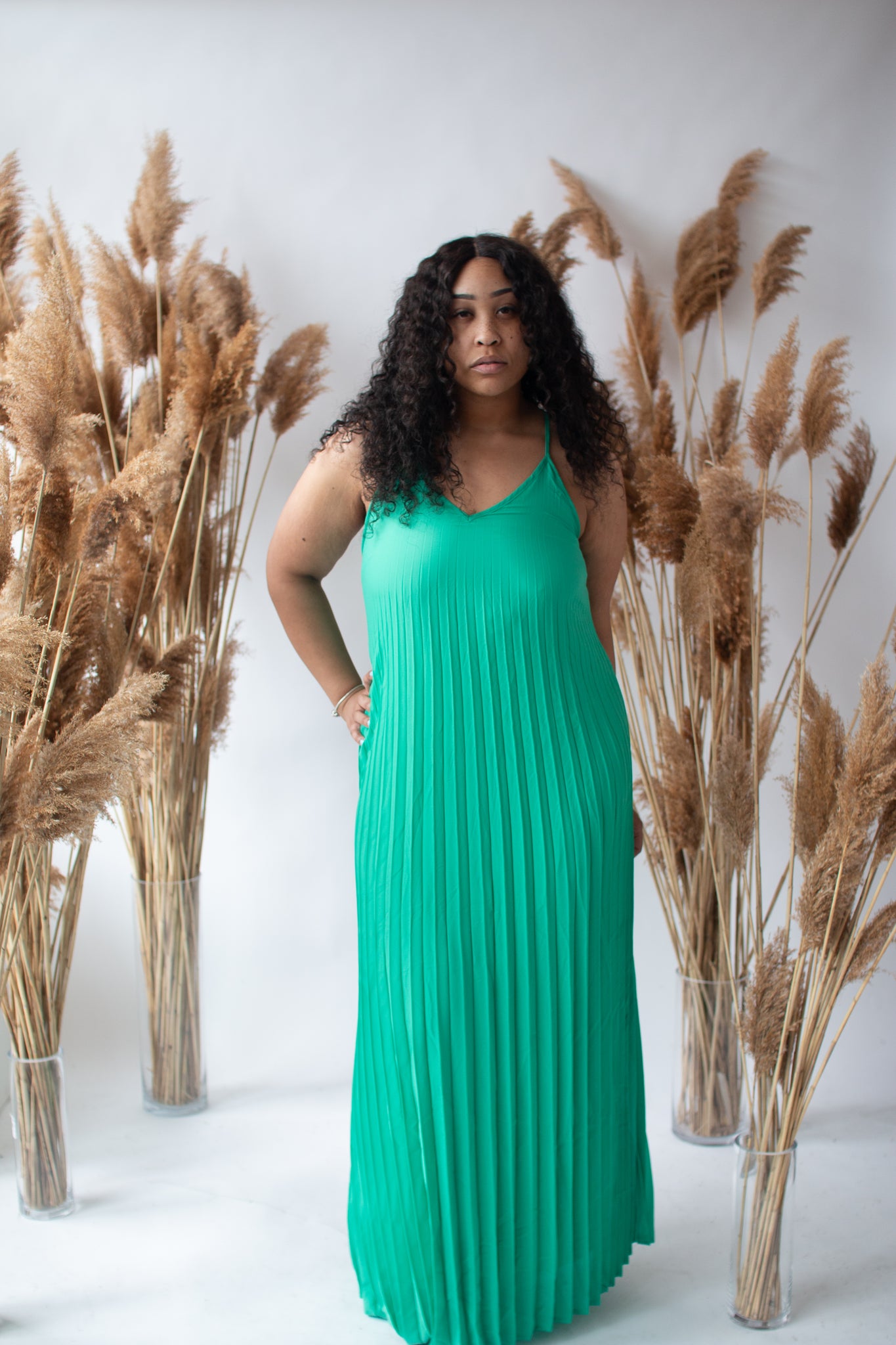 The “Rainbow” Pleated Maxi Dress (Green)