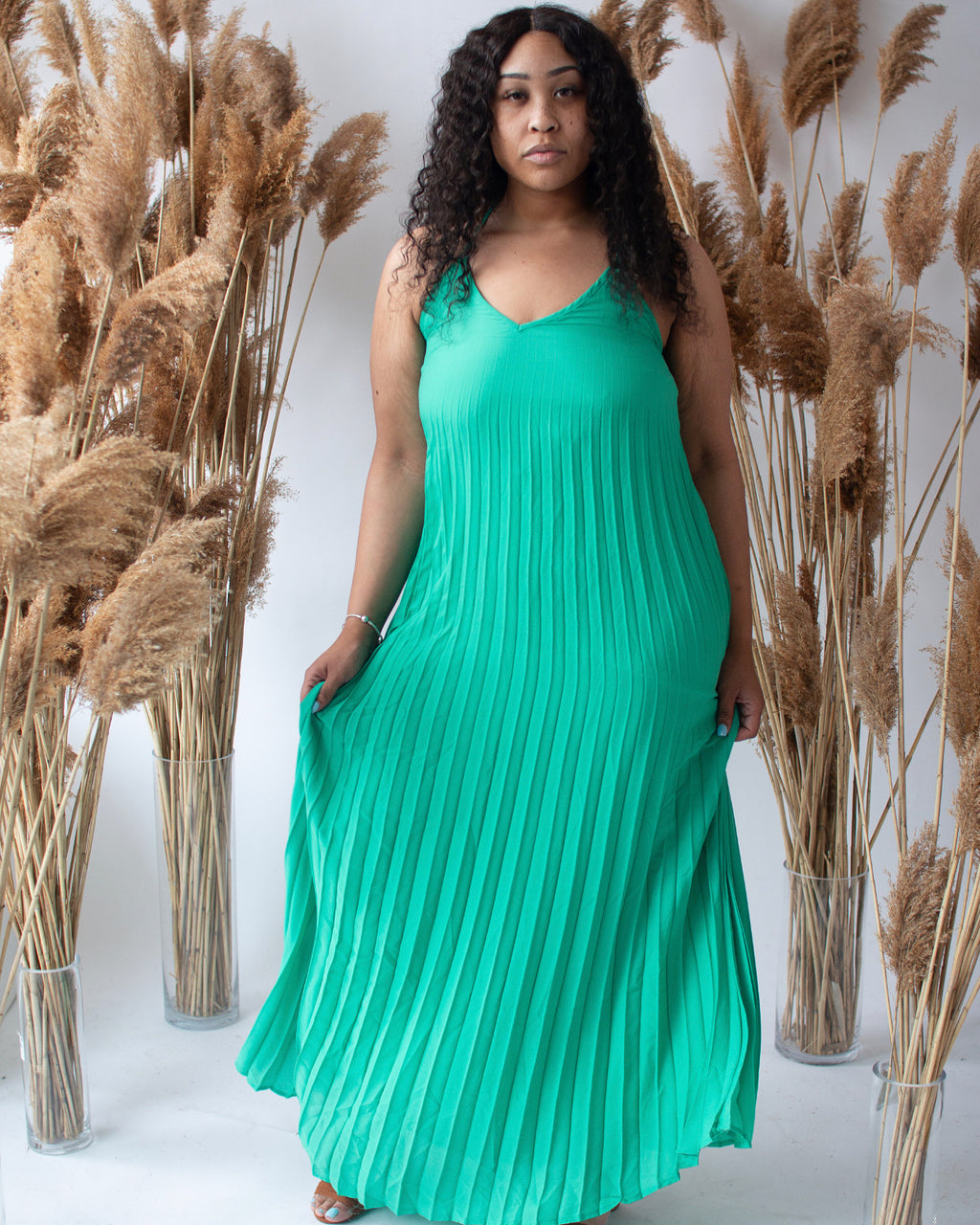 The “Rainbow” Pleated Maxi Dress (Green)